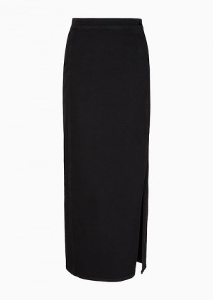 Black Emporio Armani Long Skirt With Slit In Worn-look Denim | EA-SN56908