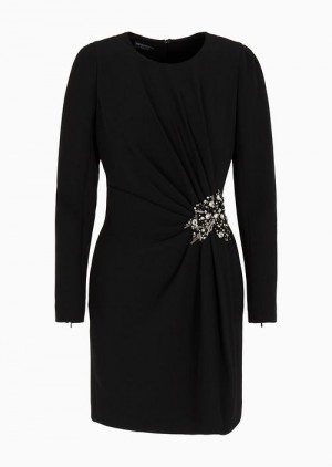 Black Emporio Armani Long-sleeved Dress In Cady CrêPe With Draping And Broderie Anglaise | EA-SN56499