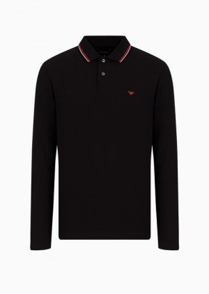 Black Emporio Armani Long-sleeved Stretch Piqué Polo Shirt With Micro Eagle Embroidery | EA-SN58437