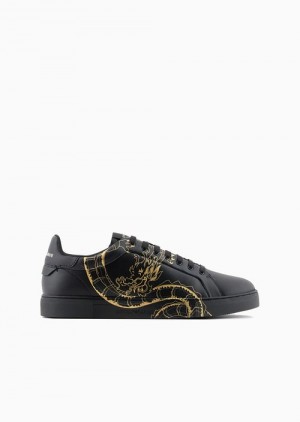 Black Emporio Armani Lunar New Year Dragon-print Leather Sneakers | EA-SN58905