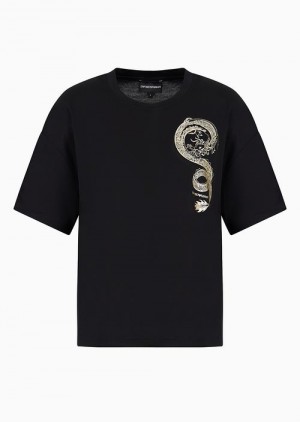 Black Emporio Armani Lunar New Year Mercerised-jersey T-shirt With Dragon Print | EA-SN57070