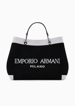 Black Emporio Armani Medium Knitted Myea Shopper Bag With Contrasting Details | EA-SN57326