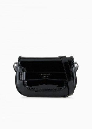 Black Emporio Armani Medium Patent-leather Shoulder Bag With Flap And Logo Gusset | EA-SN57240