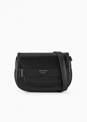 Black Emporio Armani Medium Shoulder Bag In Leather With Flap And Logo Gusset | EA-SN57376