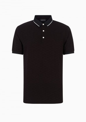 Black Emporio Armani Mercerised Jersey Polo Shirt With All-over Jacquard Eagle | EA-SN58468