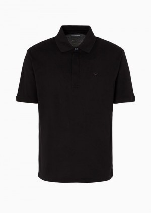 Black Emporio Armani Mercerised Piqué Polo Shirt With Micro Eagle Embroidery | EA-SN58426