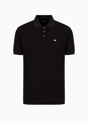 Black Emporio Armani Mercerised Piqué Polo Shirt With Micro Eagle | EA-SN58466