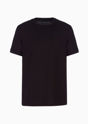 Black Emporio Armani Mercerised-jersey T-shirt With All-over Jacquard Eagle | EA-SN58692