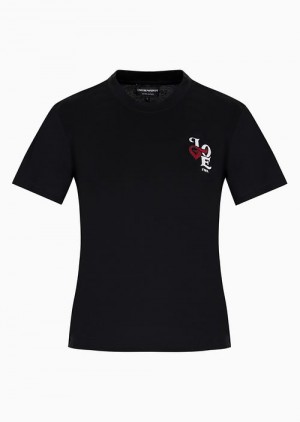 Black Emporio Armani Mercerised-jersey T-shirt With Valentine’s Day Love Capsule Collection Patch | EA-SN57011