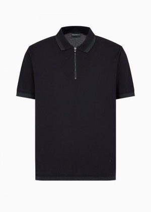 Black Emporio Armani Mercerized Piqué Polo Shirt With Zipper And Contrasting Trim | EA-SN58471