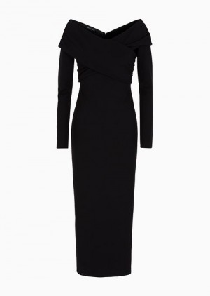 Black Emporio Armani Milano-stitch Fabric Midi Dress With Cross-over Neckline | EA-SN56526