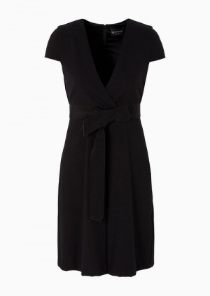 Black Emporio Armani Milano-stitch Fabric Cross-over V-neck Dress With Grosgrain Belt | EA-SN56513