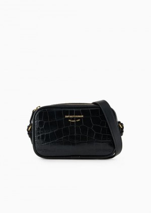 Black Emporio Armani Mock Croc Camera Case With Shoulder Strap | EA-SN57374