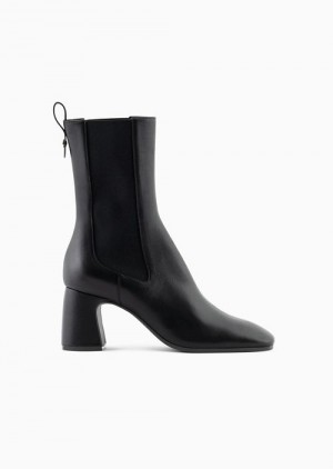 Black Emporio Armani Nappa Leather High-heeled Ankle Boots With Elastic Insert | EA-SN57111