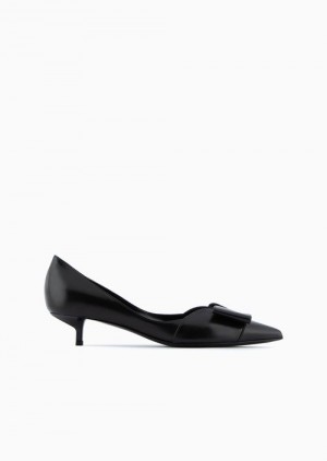 Black Emporio Armani Nappa Leather Kitten-heeled Court Shoes With Bow | EA-SN57158