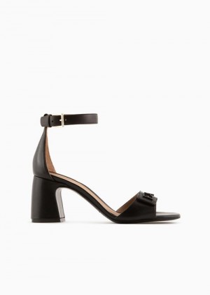 Black Emporio Armani Nappa-leather Heeled Sandals With Ea Logo | EA-SN57147