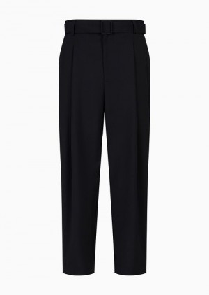 Black Emporio Armani Natural Stretch Wool Plain-woven Trousers With Darts And Belt | EA-SN58313