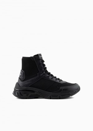 Black Emporio Armani Nylon High-top Sneakers With Knit Detail | EA-SN58930