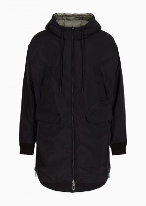 Black Emporio Armani Nylon Reversible Hooded Down Jacket With Asymmetric Hem | EA-SN58185