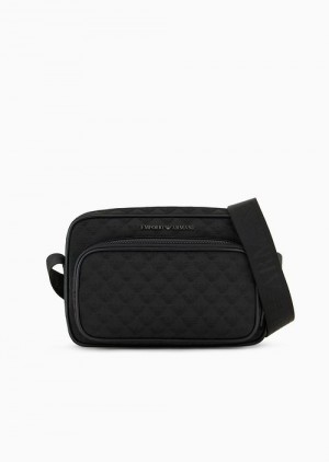 Black Emporio Armani Nylon Shoulder Bag With All-over Jacquard Eagle | EA-SN59059