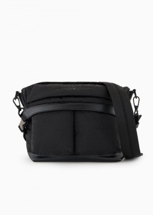 Black Emporio Armani Nylon Shoulder Bag With All-over Jacquard Logo Lettering | EA-SN59061