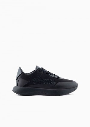 Black Emporio Armani Nylon Sneakers With Travel Essentials Signature Logo Embroidery | EA-SN57224