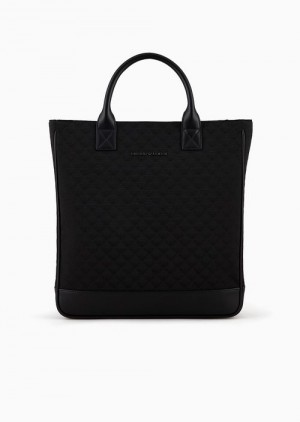 Black Emporio Armani Nylon Tote Bag With All-over Jacquard Eagle | EA-SN59103