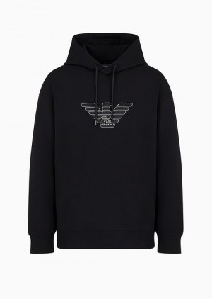 Black Emporio Armani Oversized Double-jersey Hooded Sweatshirt With Logo Embroidery Trim | EA-SN58546