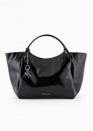 Black Emporio Armani Oversized Naplack-effect Shopper Bag With Logo Charm | EA-SN57404