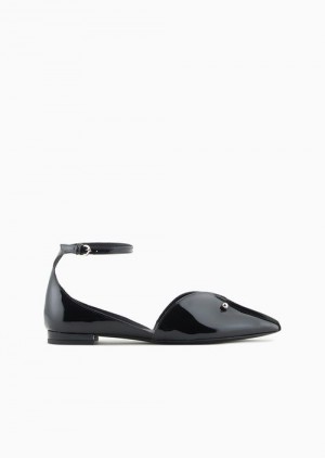 Black Emporio Armani Patent-leather Pointed-toe Ballerinas With A Strap And Piercing | EA-SN57117