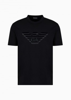 Black Emporio Armani Pima-jersey T-shirt With Flocked Logo Print | EA-SN58590