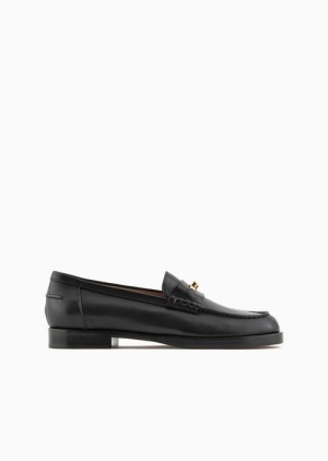 Black Emporio Armani Polished Leather Loafers With Stirrup | EA-SN57130