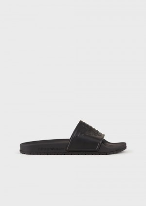 Black Emporio Armani Pvc Sliders With Oversized, Embossed Eagle | EA-SN58884