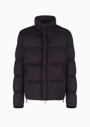 Black Emporio Armani Quilted Puffer Jacket With All-over Jacquard Eagle | EA-SN58246