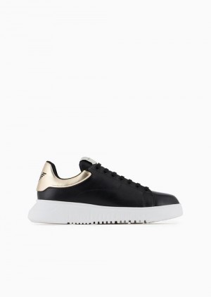 Black Emporio Armani Reloaded By Emporio Armani Leather Sneakers With Mirrored Back Armani Sustainability Values | EA-SN58987