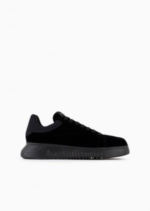 Black Emporio Armani Reloaded By Emporio Armani Sneakers In Velvet With Chevron Back Armani Sustainability Values | EA-SN58988