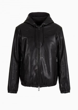 Black Emporio Armani Reversible Hooded Blouson In Vegetable Tanned Lambskin Nappa Leather With Small Eagle Stamps | EA-SN58180