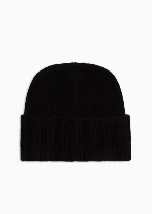 Black Emporio Armani Ribbed Cashmere Beanie | EA-SN57461