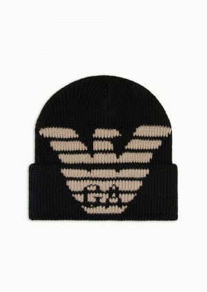 Black Emporio Armani Ribbed Wool-blend Beanie With Oversized Jacquard Eagle | EA-SN59176