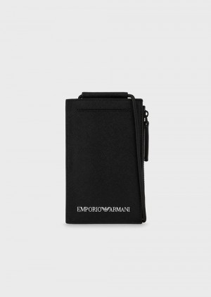 Black Emporio Armani Saffiano-print, Regenerated Leather Tech Case With Outer Pocket | EA-SN59297