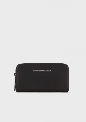 Black Emporio Armani Saffiano-print, Regenerated-leather Wallet With Wraparound Zip | EA-SN59299