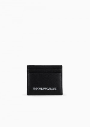 Black Emporio Armani Saffiano-print, Regenerated-leather Card Holder | EA-SN59301