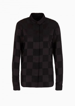 Black Emporio Armani Satin CrêPe Shirt With A Damier Motif And Button At The Collar | EA-SN56928