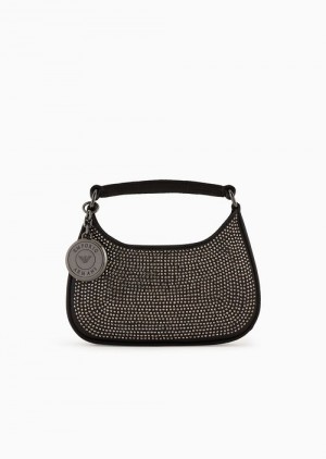 Black Emporio Armani Satin Hobo Mini Bag With Rhinestones | EA-SN57377