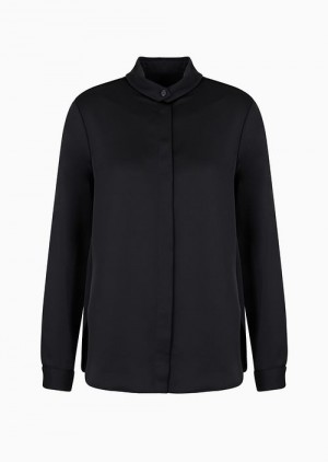 Black Emporio Armani Satin Shirt With A Button At The Neck | EA-SN56935