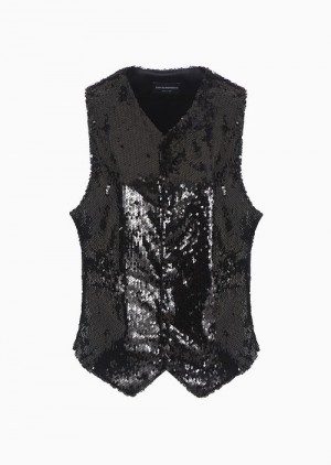 Black Emporio Armani Sequin-covered Single-breasted Waistcoat | EA-SN56461