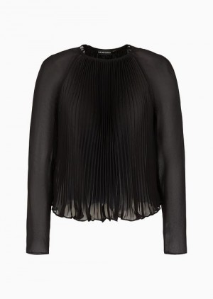 Black Emporio Armani Sheer Georgette Blouse With Pleats, Front And Back | EA-SN56943