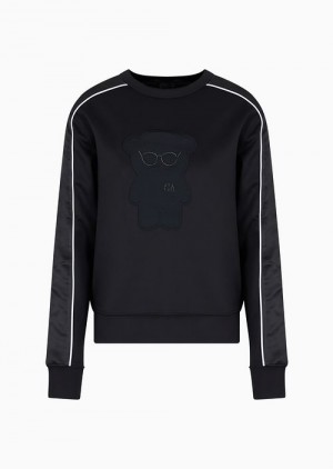 Black Emporio Armani Shiny Interlock Fabric Sweatshirt With Piping And Oversized Manga Bear Patch | EA-SN56990