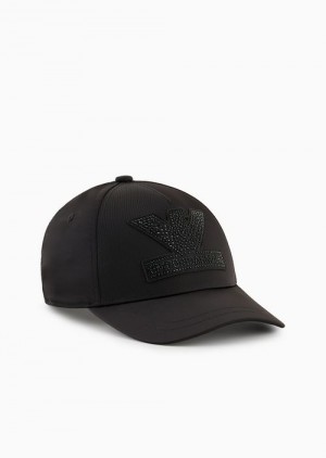 Black Emporio Armani Shiny Nylon Baseball Cap With Rhinestone Eagle Patch | EA-SN59169