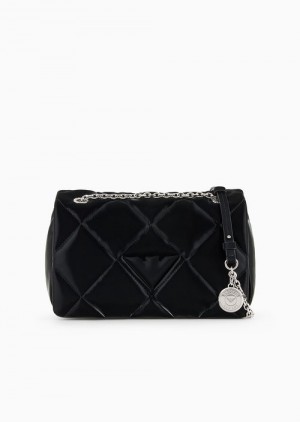 Black Emporio Armani Shiny Wet-look Nylon Shoulder Bag With Flap | EA-SN57254